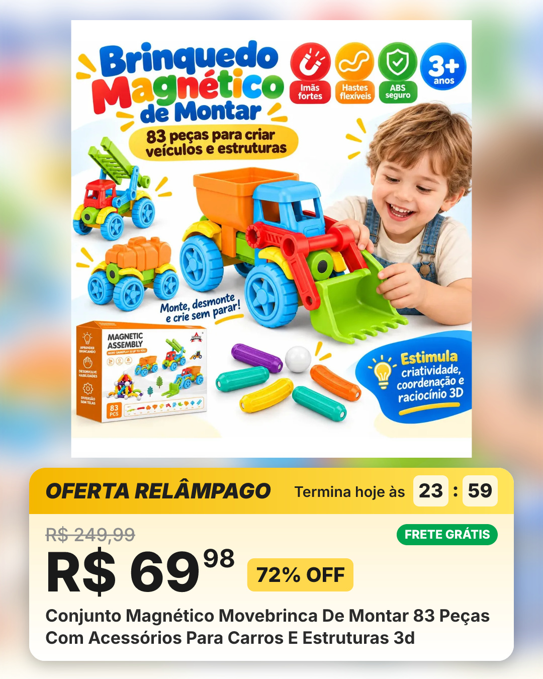 Conjunto Magnético Movebrinca De Montar 83 Peças Com Acessórios Para Carros E Estruturas 3d