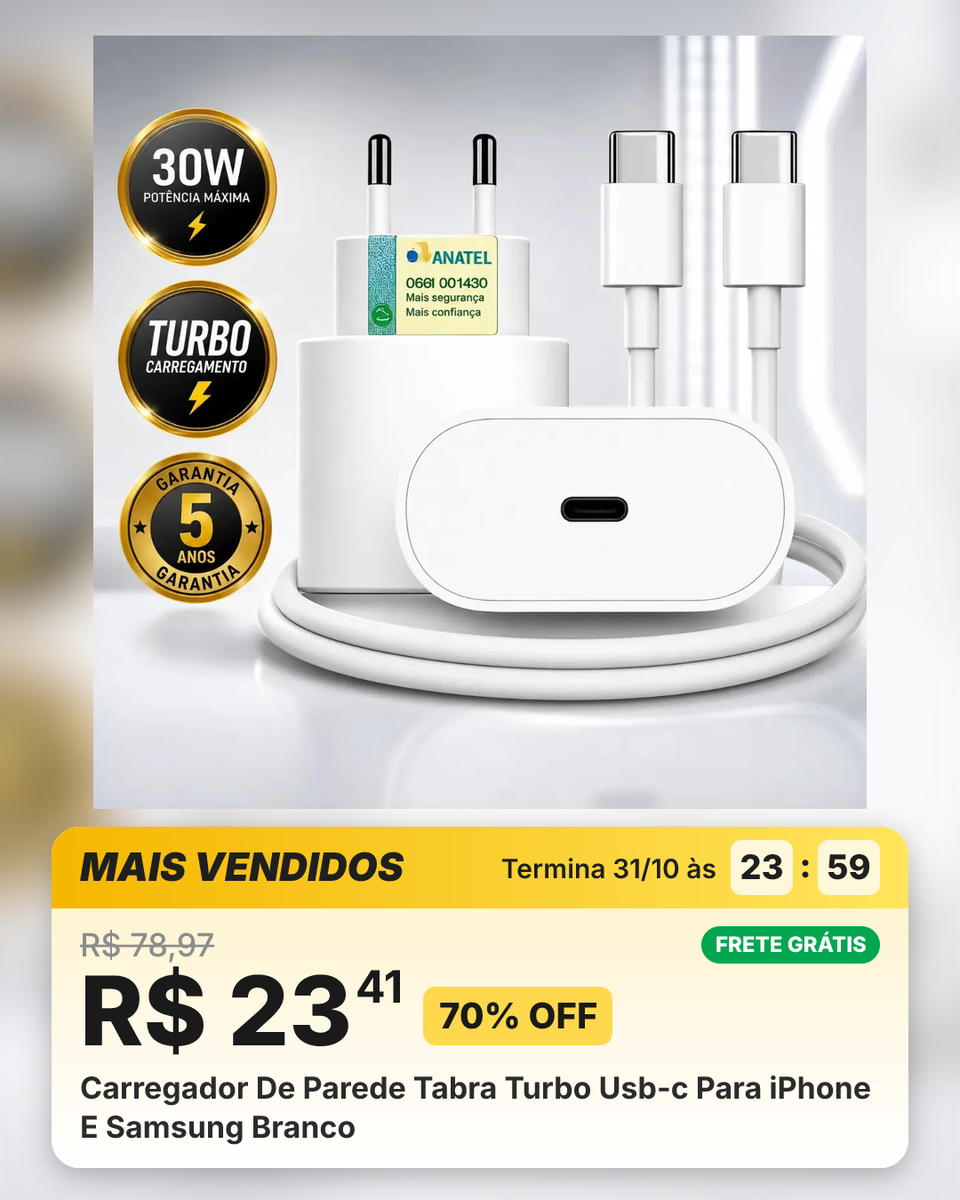 Carregador De Parede Tabra Turbo Usb-c Para iPhone E Samsung Branco