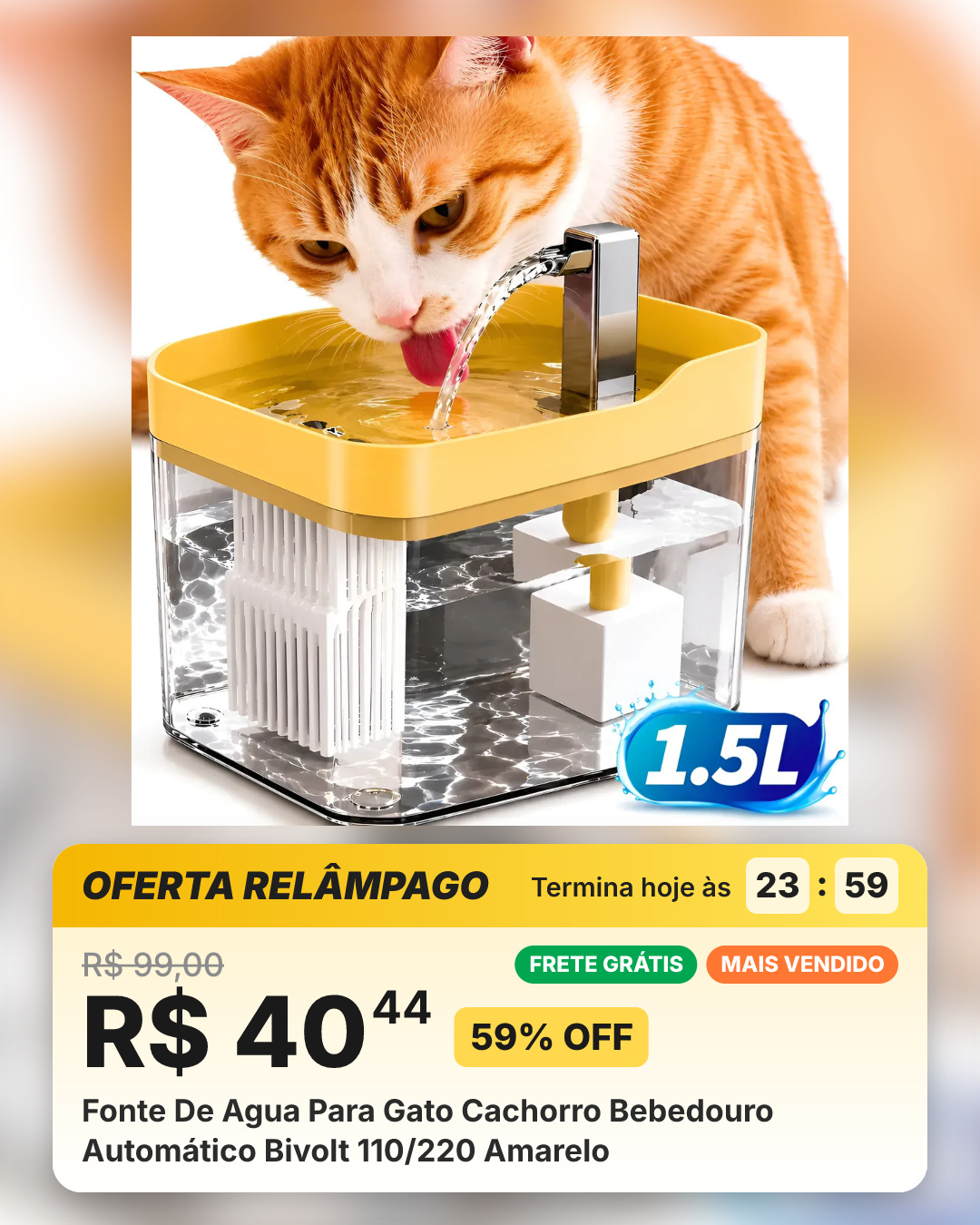 Fonte De Agua Para Gato Cachorro Bebedouro Automático Bivolt 110/220 Amarelo