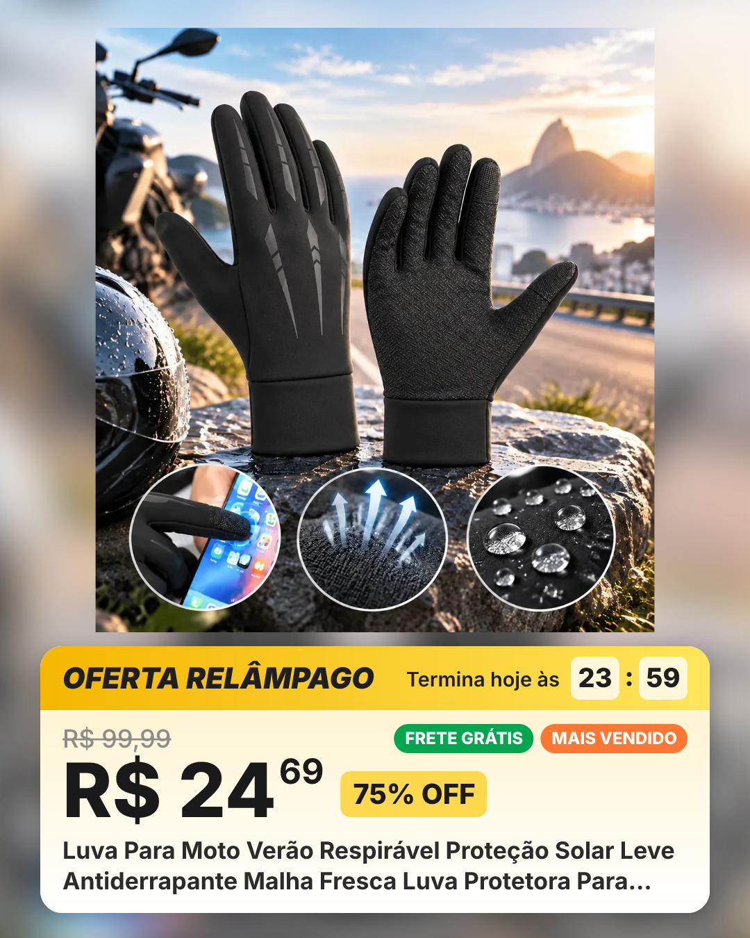 Luva Para Moto Verão Respirável Proteção Solar Leve Antiderrapante Malha Fresca Luva Protetora Para Motociclista Tátil Uso Diário Trajeto Urbano Preto