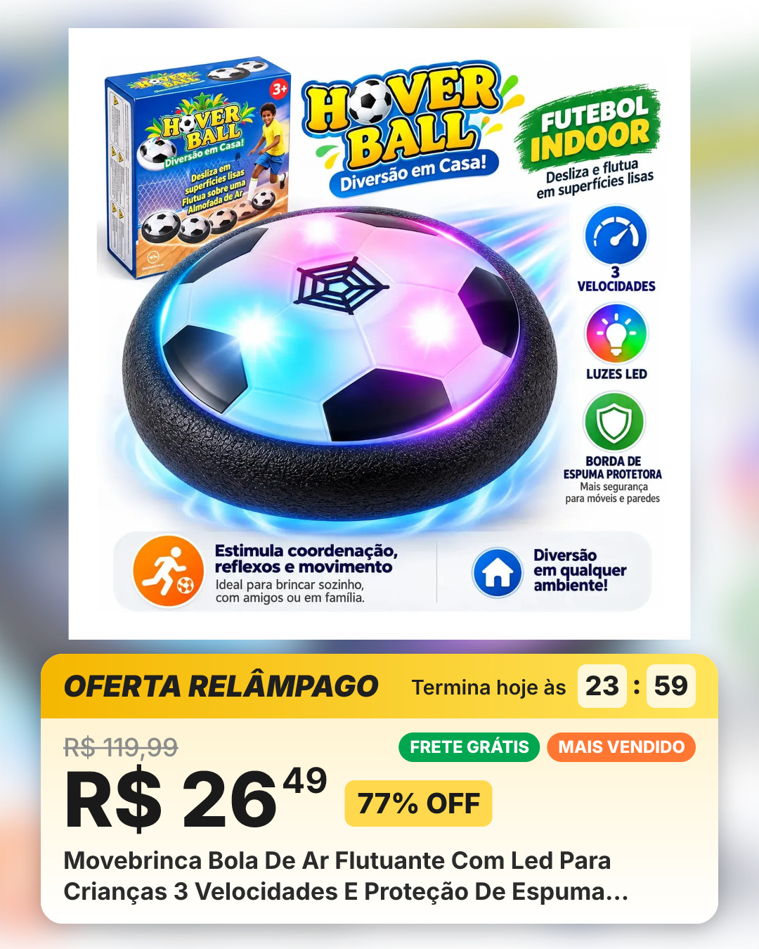 Movebrinca Bola De Ar Flutuante Com Led Para Crianças 3 Velocidades E Proteção De Espuma Futebol Brinquedo Infantil... Branco