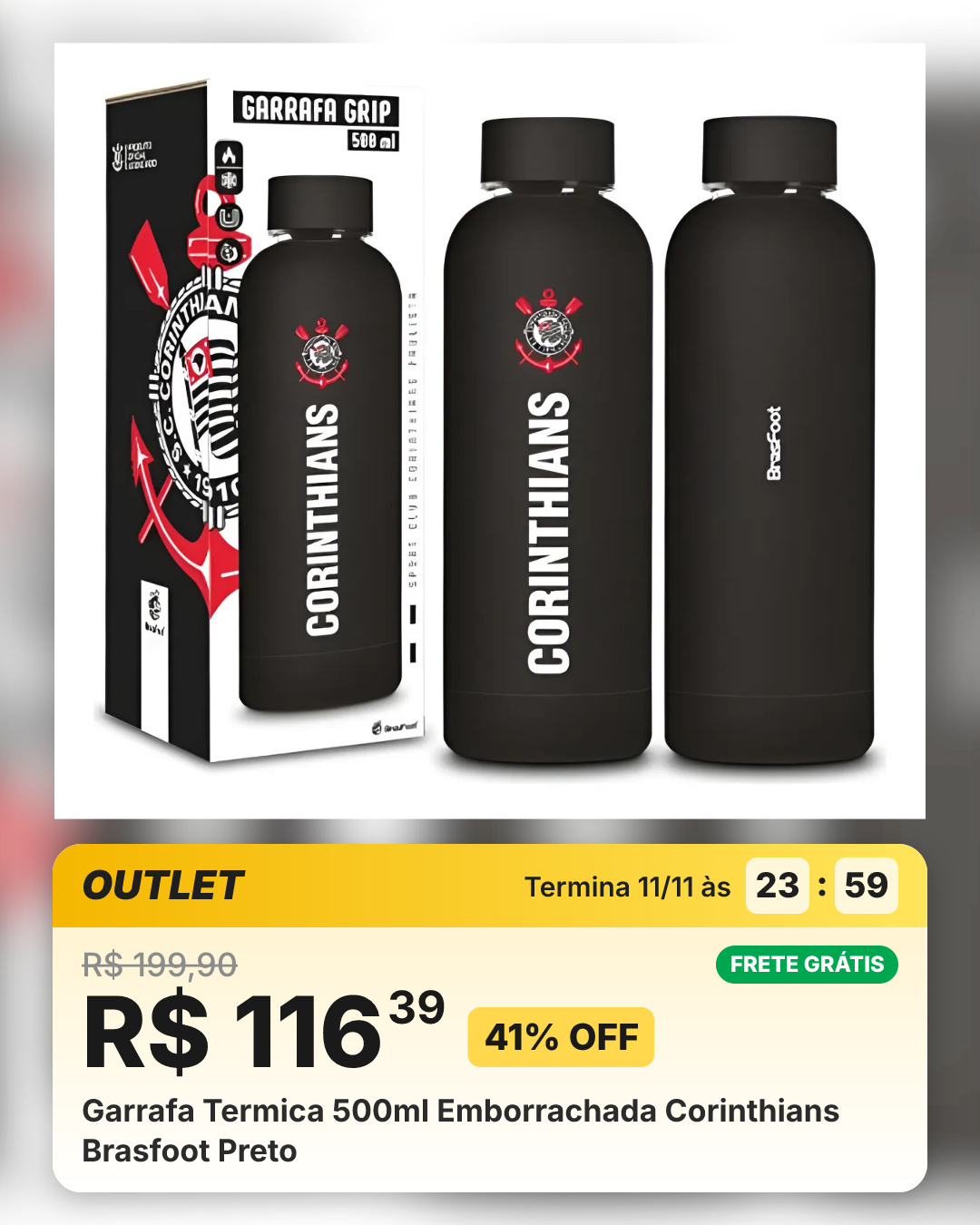 Garrafa Termica 500ml Emborrachada Corinthians Brasfoot Preto