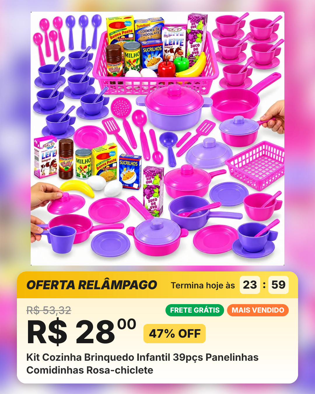 Kit Cozinha Brinquedo Infantil 39pçs Panelinhas Comidinhas Rosa-chiclete