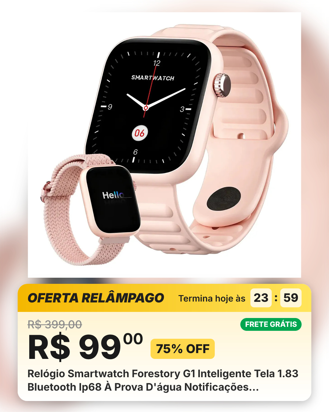Relógio Smartwatch Forestory G1 Inteligente Tela 1.83 Bluetooth Ip68 À Prova D'água Notificações Chamadas Saúde Smart... Rosa Pulseira De Silicone Pulseira De Tecido