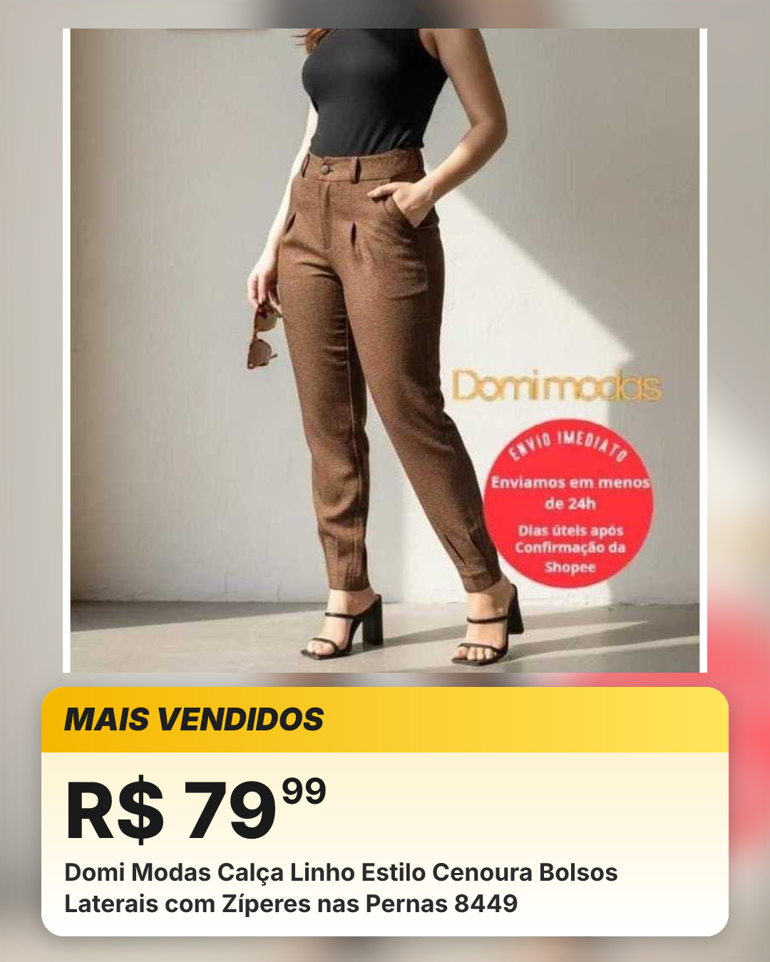 Domi Modas Calça Linho Estilo Cenoura Bolsos Laterais com Zíperes nas Pernas 8449