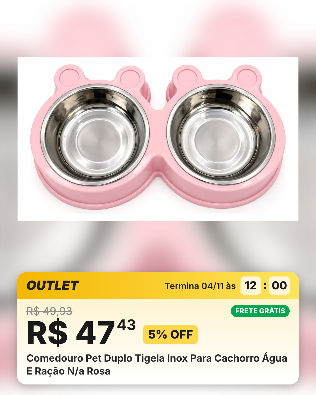 Comedouro Pet Duplo Tigela Inox Para Cachorro Água E Ração N/a Rosa