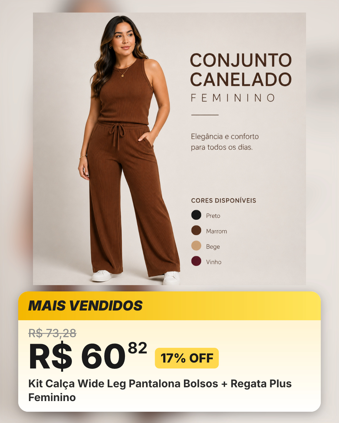 Kit Calça Wide Leg Pantalona Bolsos + Regata Plus Feminino