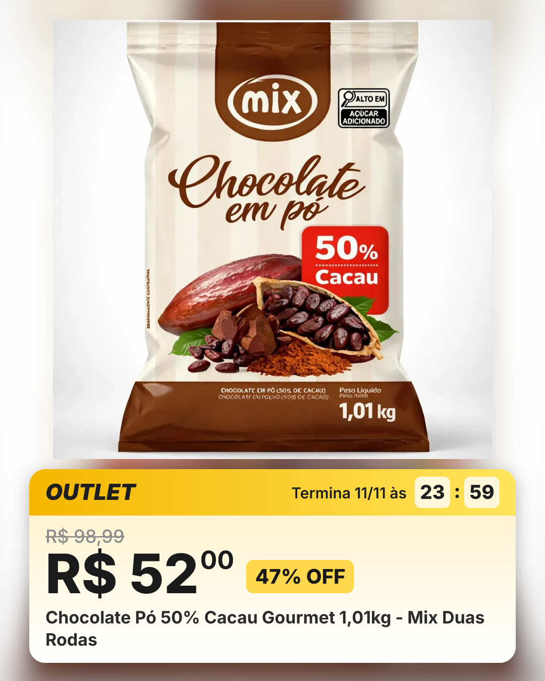 Chocolate Pó 50% Cacau Gourmet 1,01kg - Mix Duas Rodas