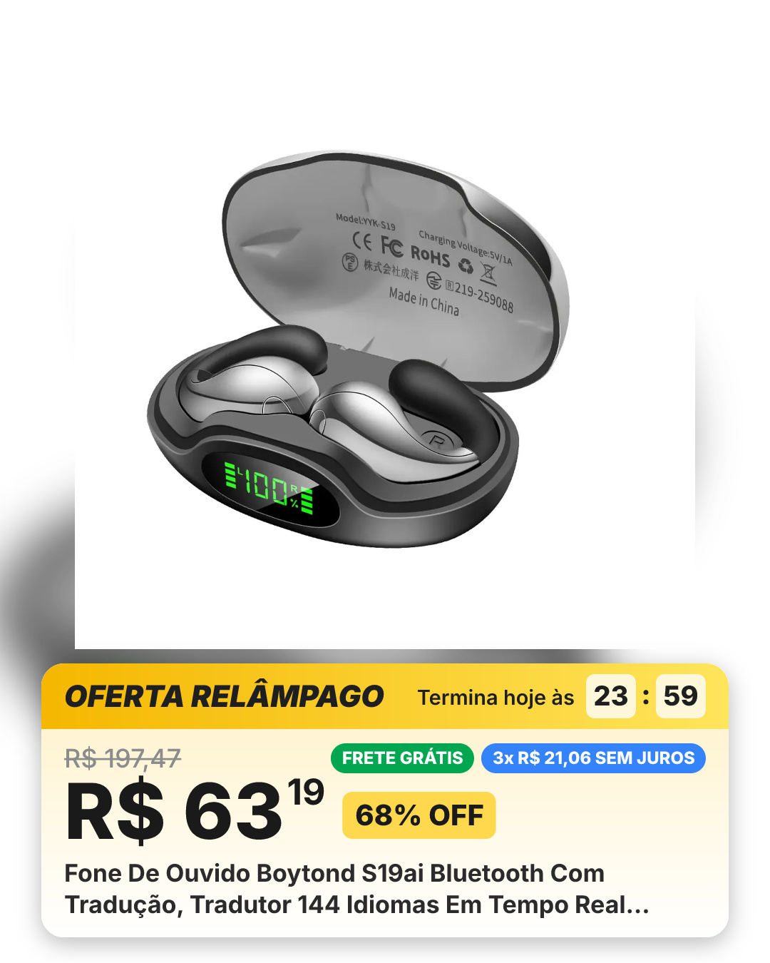 Fone De Ouvido Boytond S19ai Bluetooth Com Tradução, Tradutor 144 Idiomas Em Tempo Real, Som Estéreo, Esportivos, Graves Poderosos, 56h De Duração, Negócios Viagens, iPhone Samsung Xiaomi, Preto