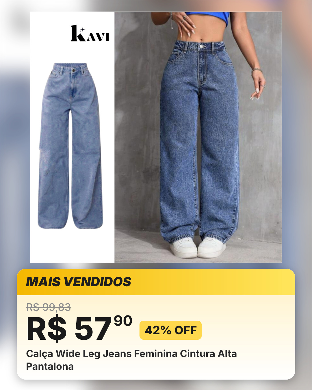Calça Wide Leg Jeans Feminina Cintura Alta Pantalona
