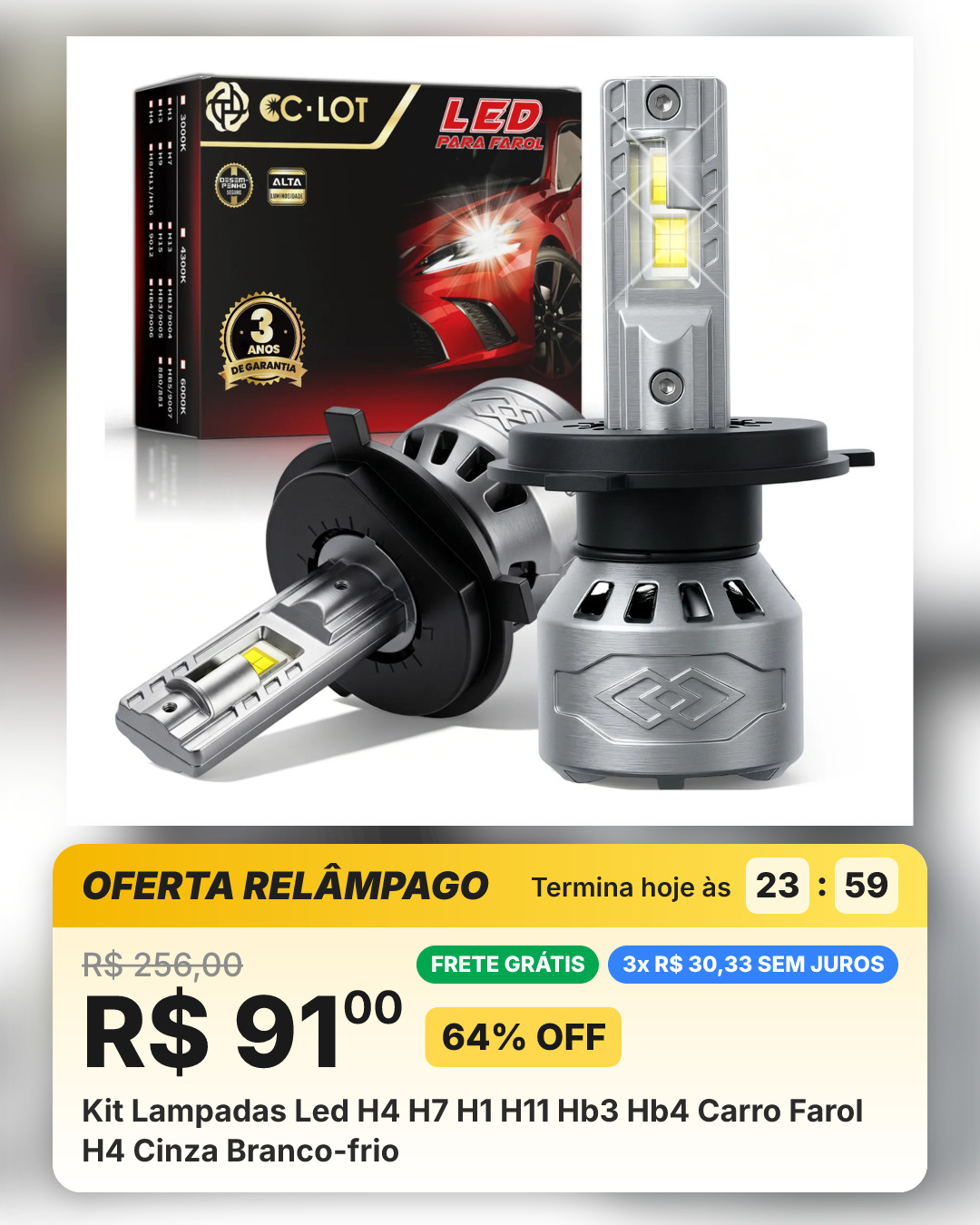 Kit Lampadas Led H4 H7 H1 H11 Hb3 Hb4 Carro Farol H4 Cinza Branco-frio