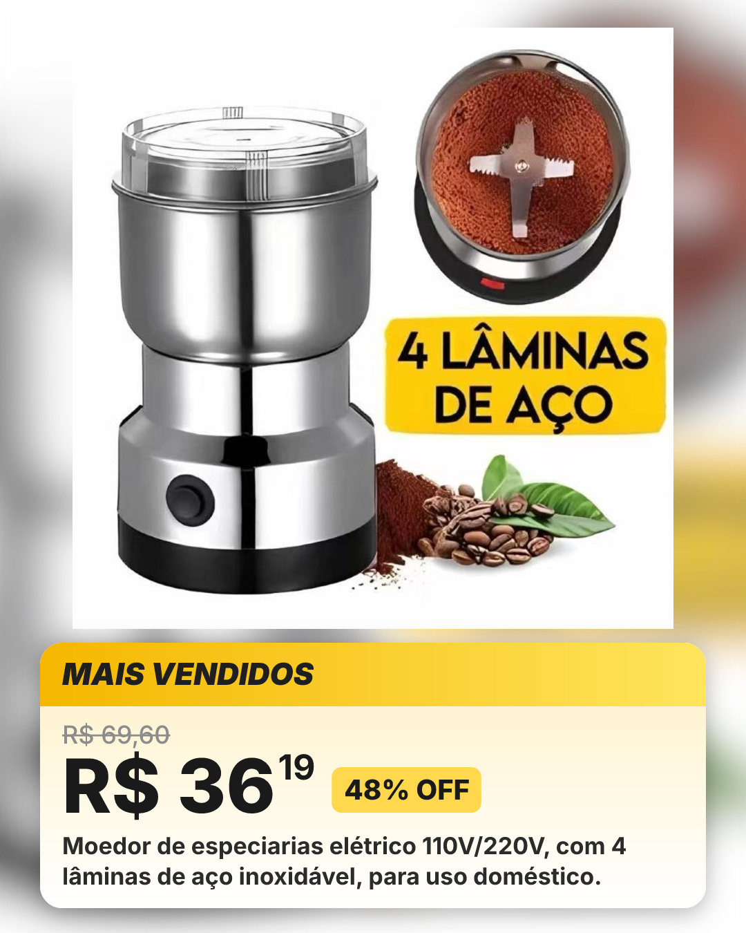 Moedor de especiarias elétrico 110V/220V, com 4 lâminas de aço inoxidável, para uso doméstico.