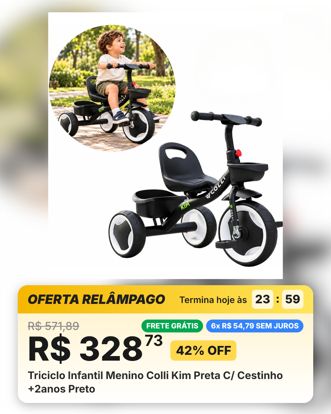 Triciclo Infantil Menino Colli Kim Preta C/ Cestinho +2anos Preto