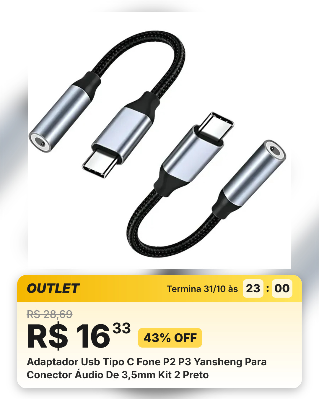 Adaptador Usb Tipo C Fone P2 P3 Yansheng Para Conector Áudio De 3,5mm Kit 2 Preto