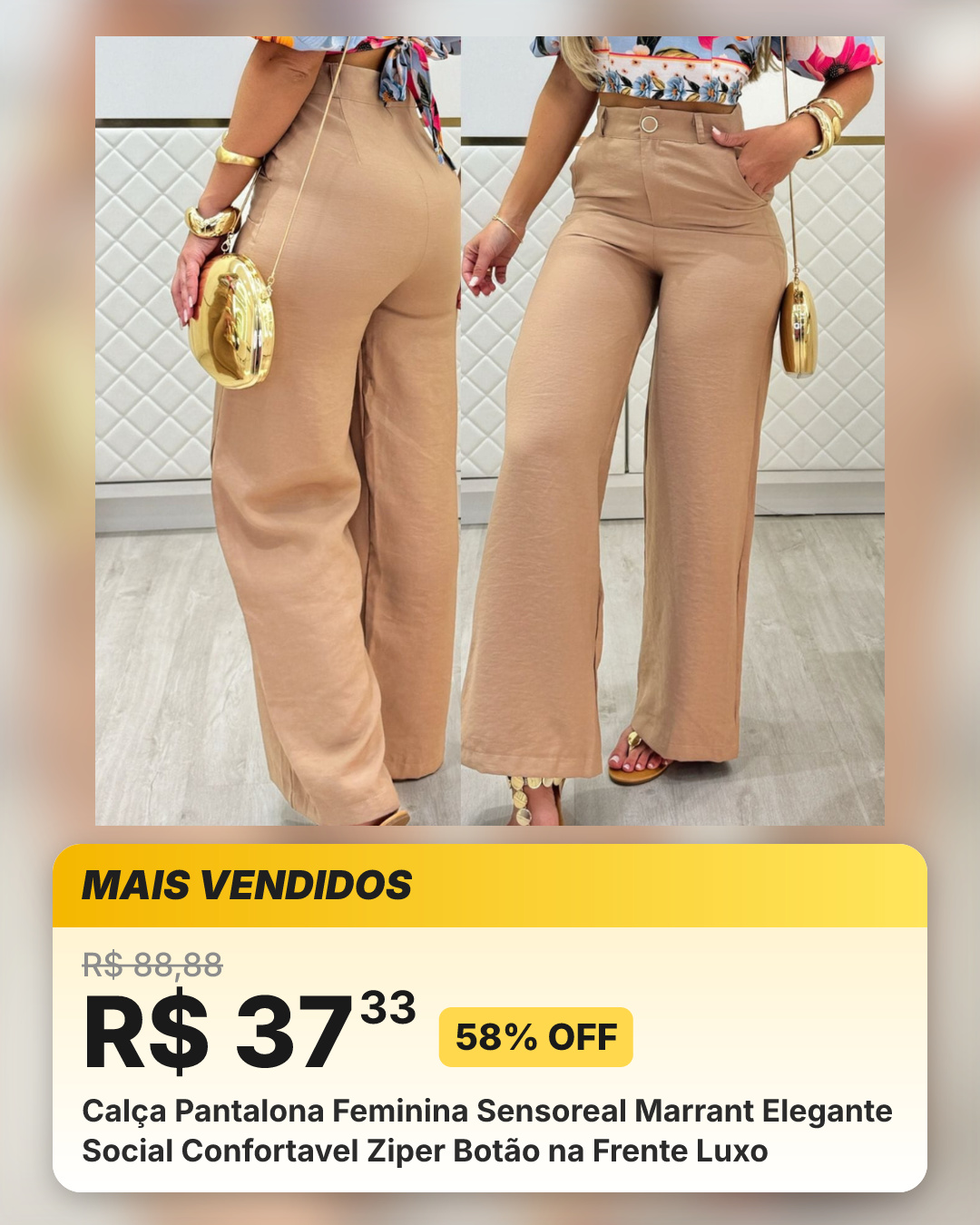 Calça Pantalona Feminina Sensoreal Marrant Elegante Social Confortavel Ziper Botão na Frente Luxo
