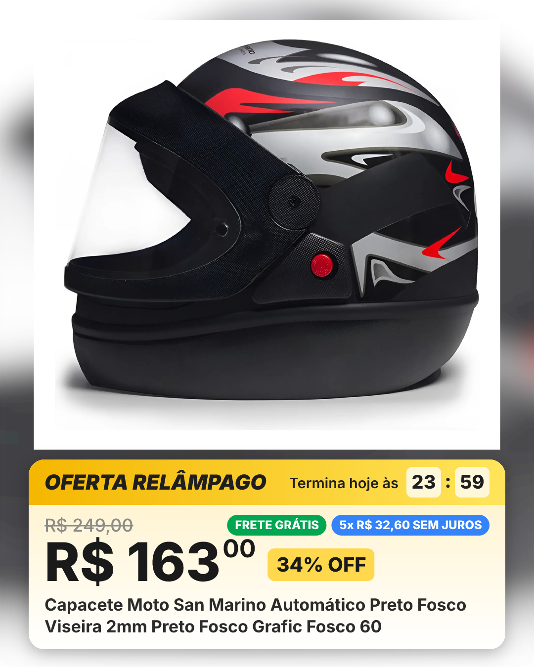 Capacete Moto San Marino Automático Preto Fosco Viseira 2mm Preto Fosco Grafic Fosco 60