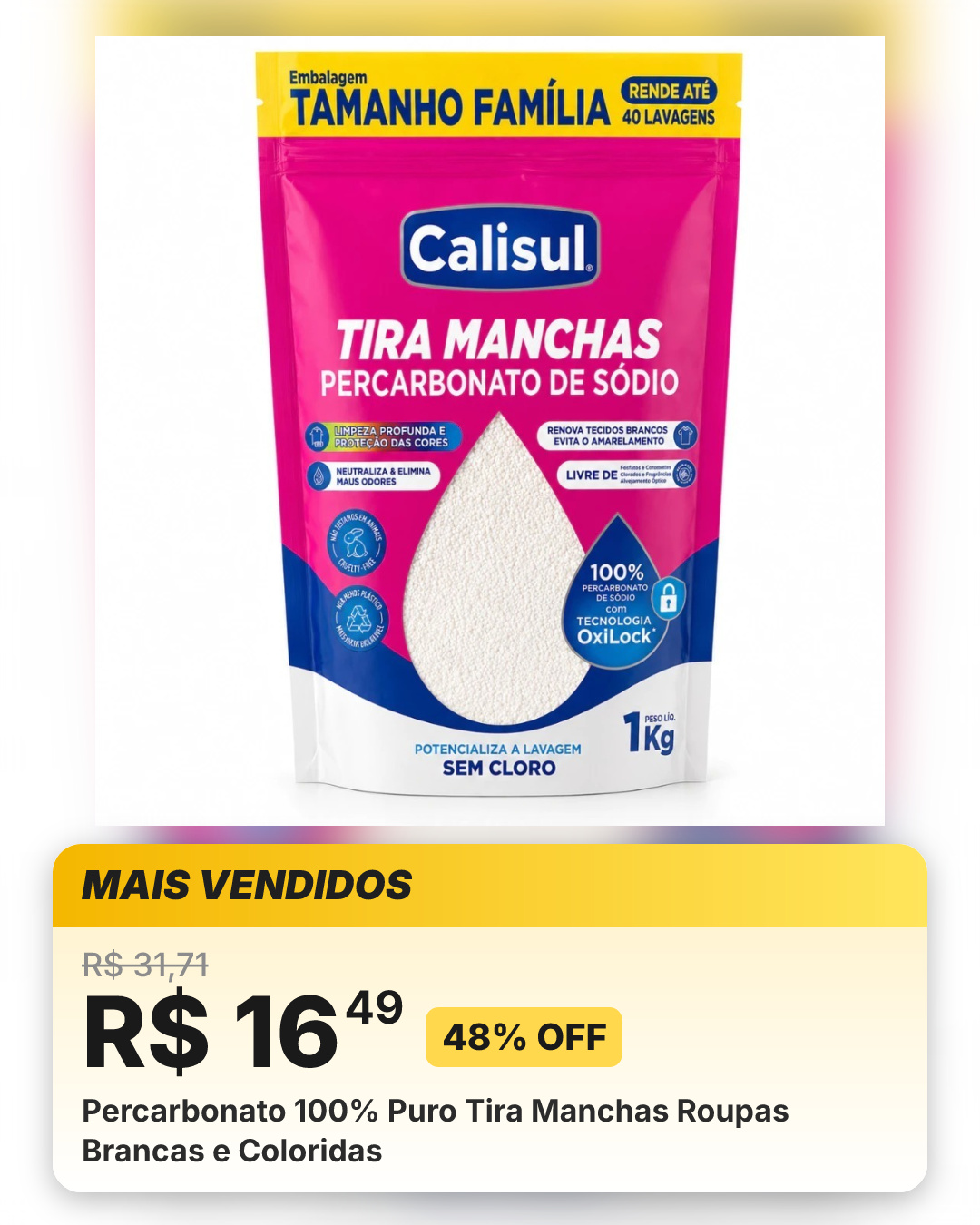Percarbonato 100% Puro Tira Manchas Roupas Brancas e Coloridas