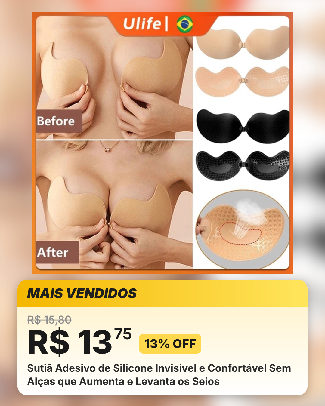Sutiã Adesivo de Silicone Invisível e Confortável Sem Alças que Aumenta e Levanta os Seios