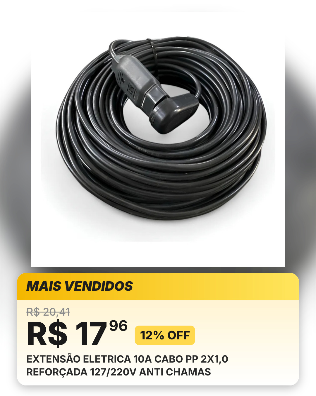 EXTENSÃO ELETRICA 10A CABO PP 2X1,0 REFORÇADA 127/220V ANTI CHAMAS