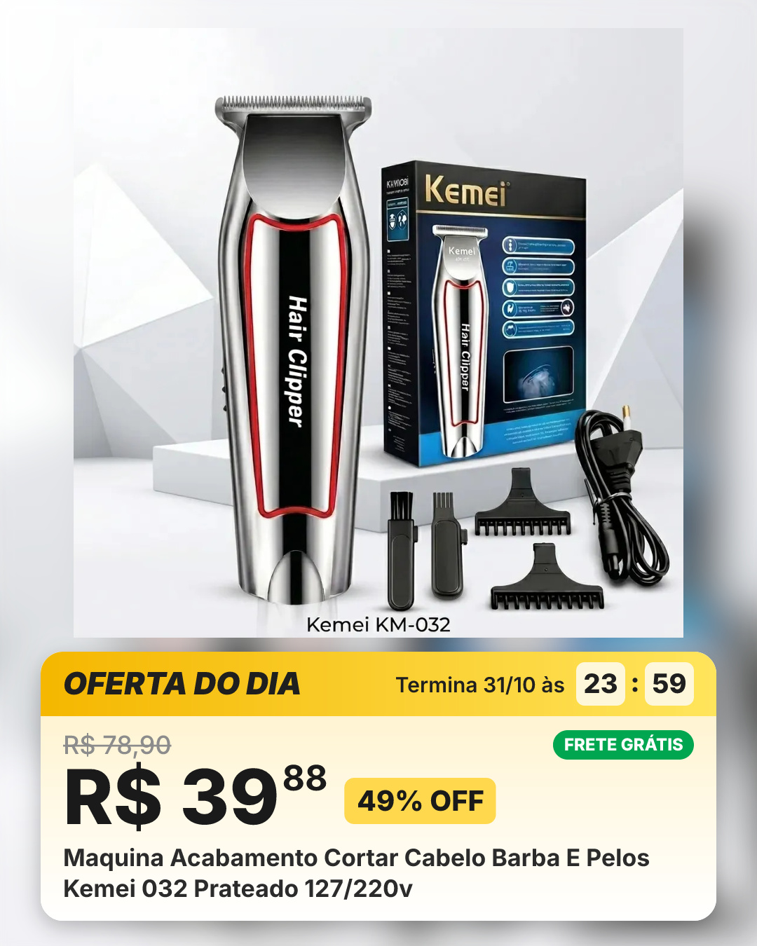 Maquina Acabamento Cortar Cabelo Barba E Pelos Kemei 032 Prateado 127/220v
