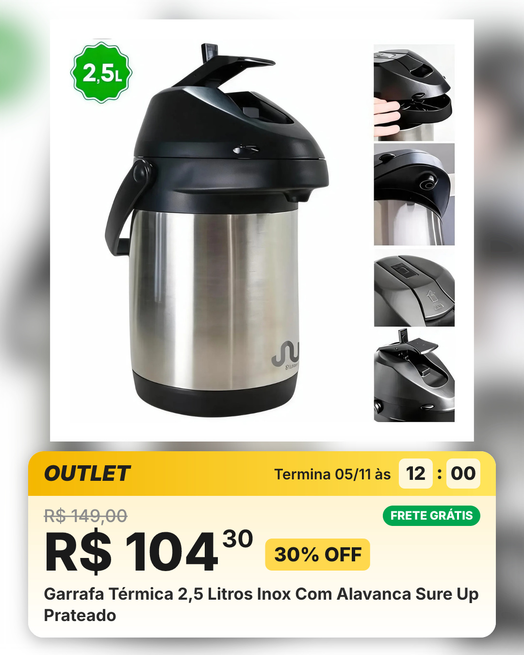 Garrafa Térmica 2,5 Litros Inox Com Alavanca Sure Up Prateado