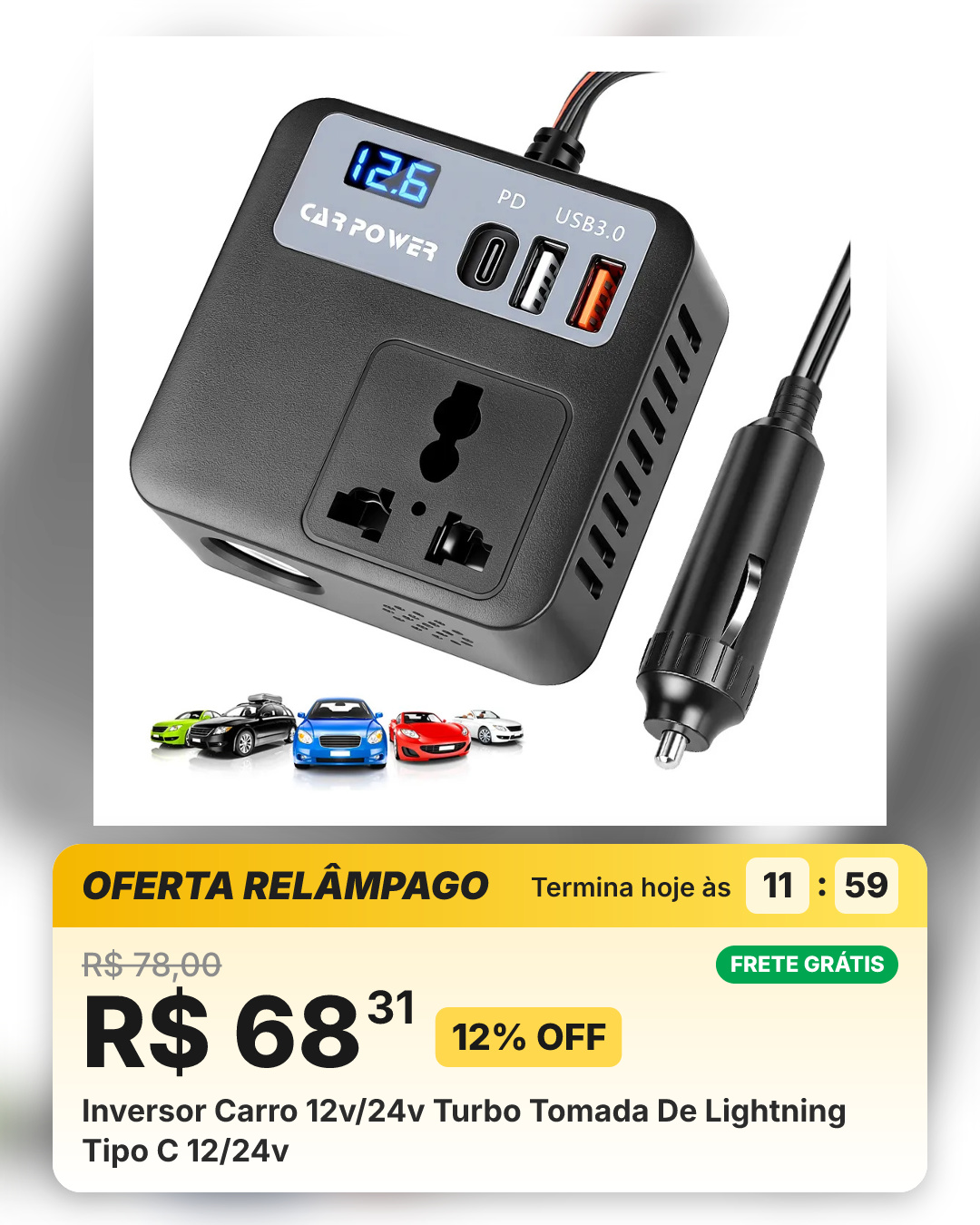 Inversor Carro 12v/24v Turbo Tomada De Lightning Tipo C 12/24v