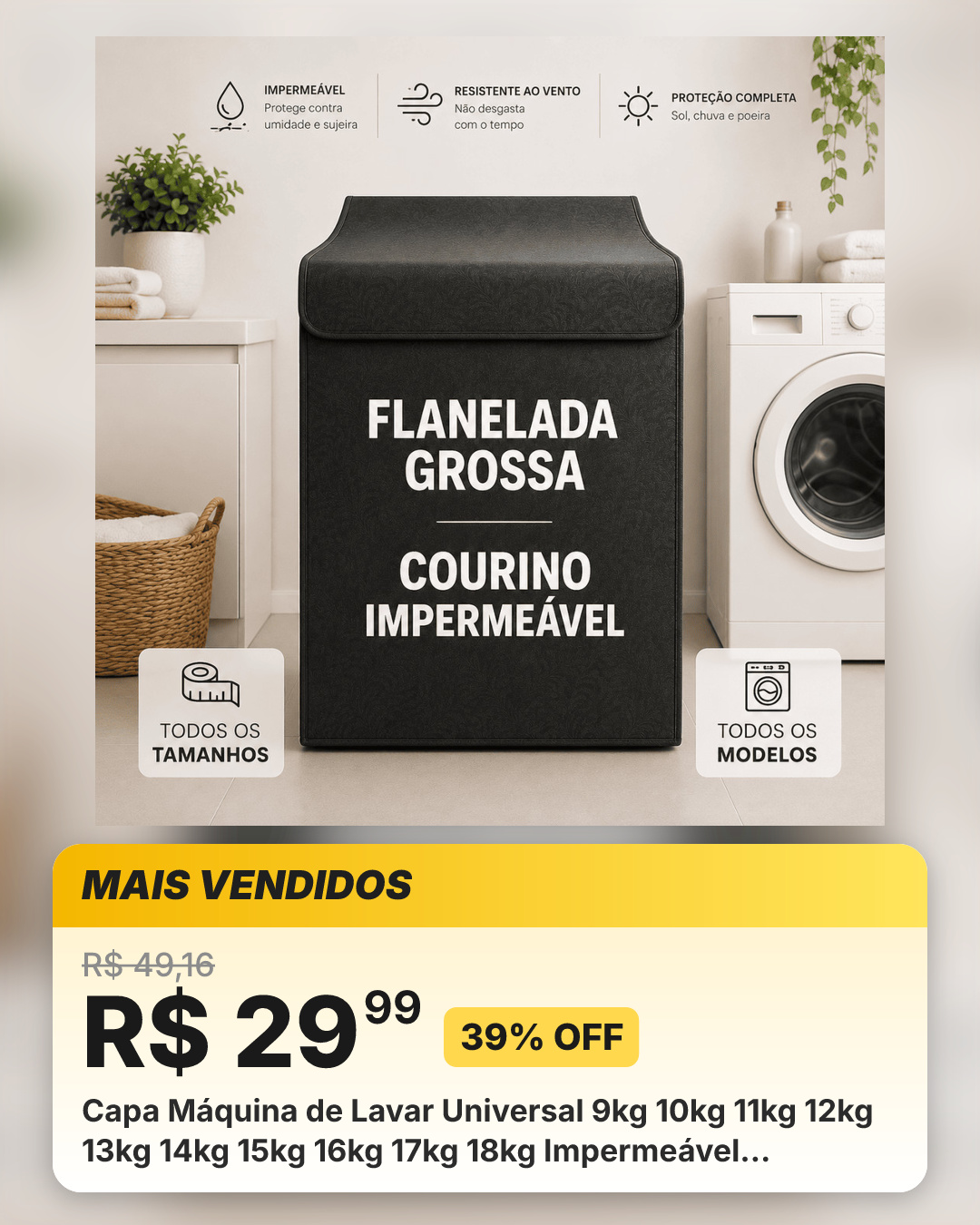 Capa Máquina de Lavar Universal 9kg 10kg 11kg 12kg 13kg 14kg 15kg 16kg 17kg 18kg Impermeável Flanelada Reforçada
