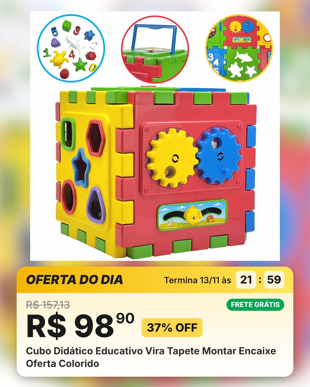 Cubo Didático Educativo Vira Tapete Montar Encaixe Oferta Colorido