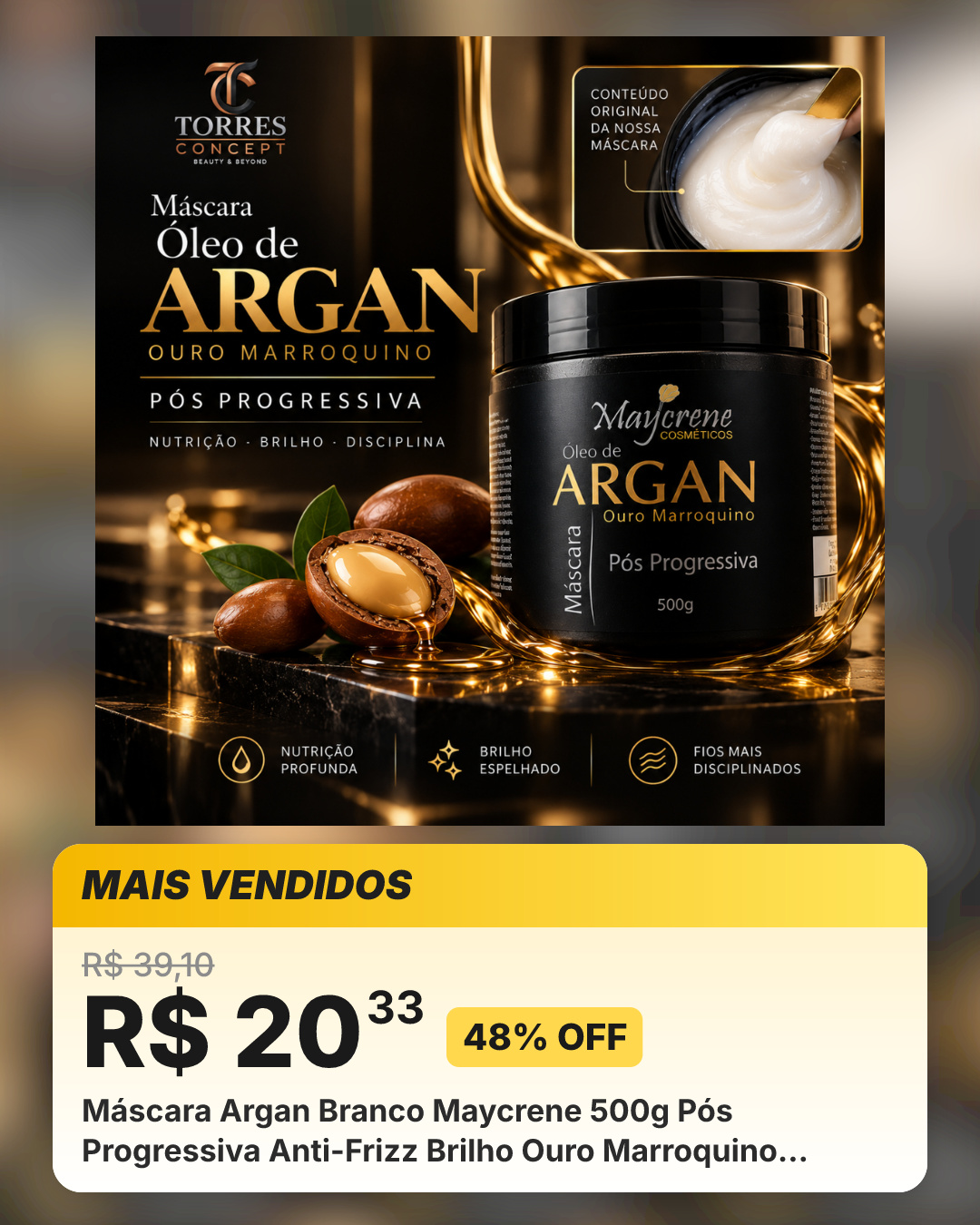Máscara Argan Branco Maycrene 500g Pós Progressiva Anti-Frizz Brilho Ouro Marroquino Profissional
