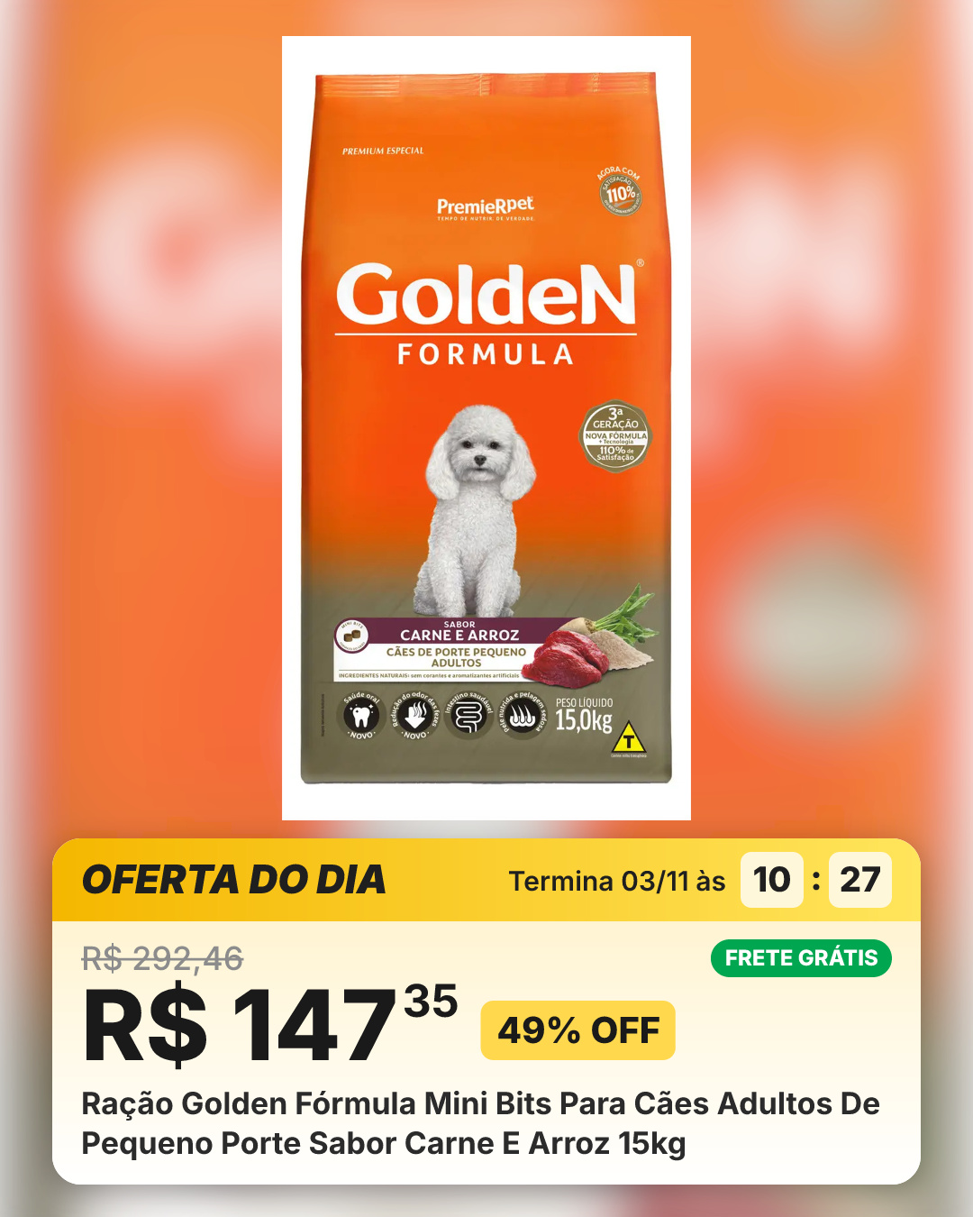 Ração Golden Fórmula Mini Bits Para Cães Adultos De Pequeno Porte Sabor Carne E Arroz 15kg