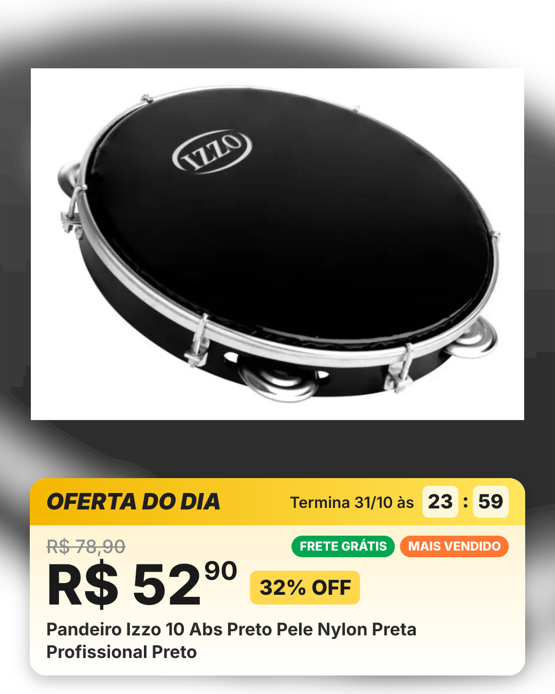 Pandeiro Izzo 10 Abs Preto Pele Nylon Preta Profissional Preto