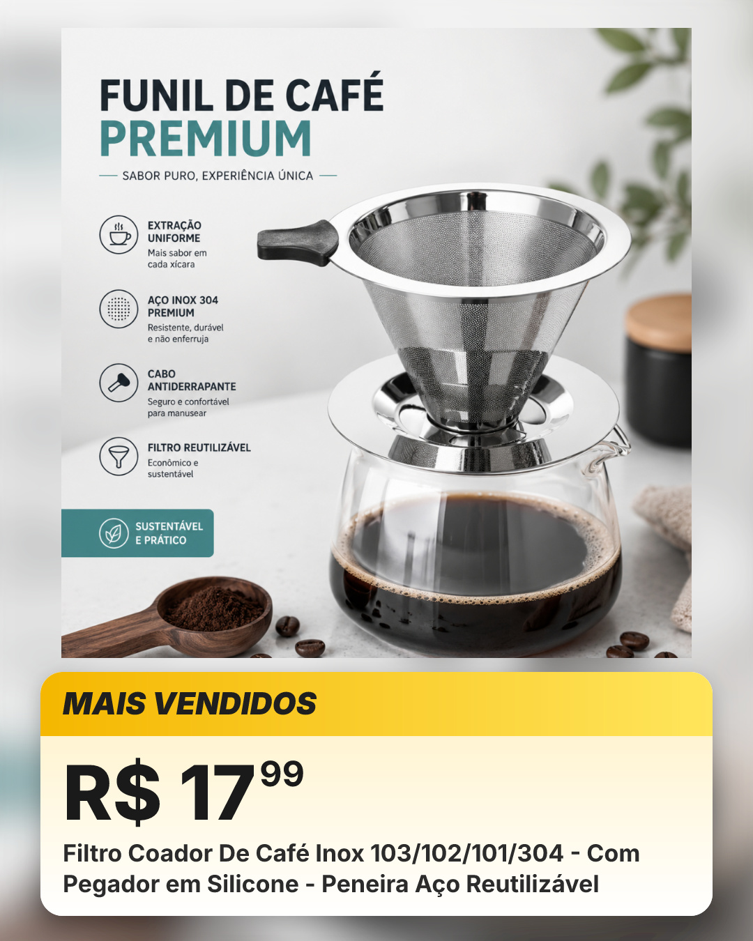 Filtro Coador De Café Inox 103/102/101/304 - Com Pegador em Silicone - Peneira Aço Reutilizável