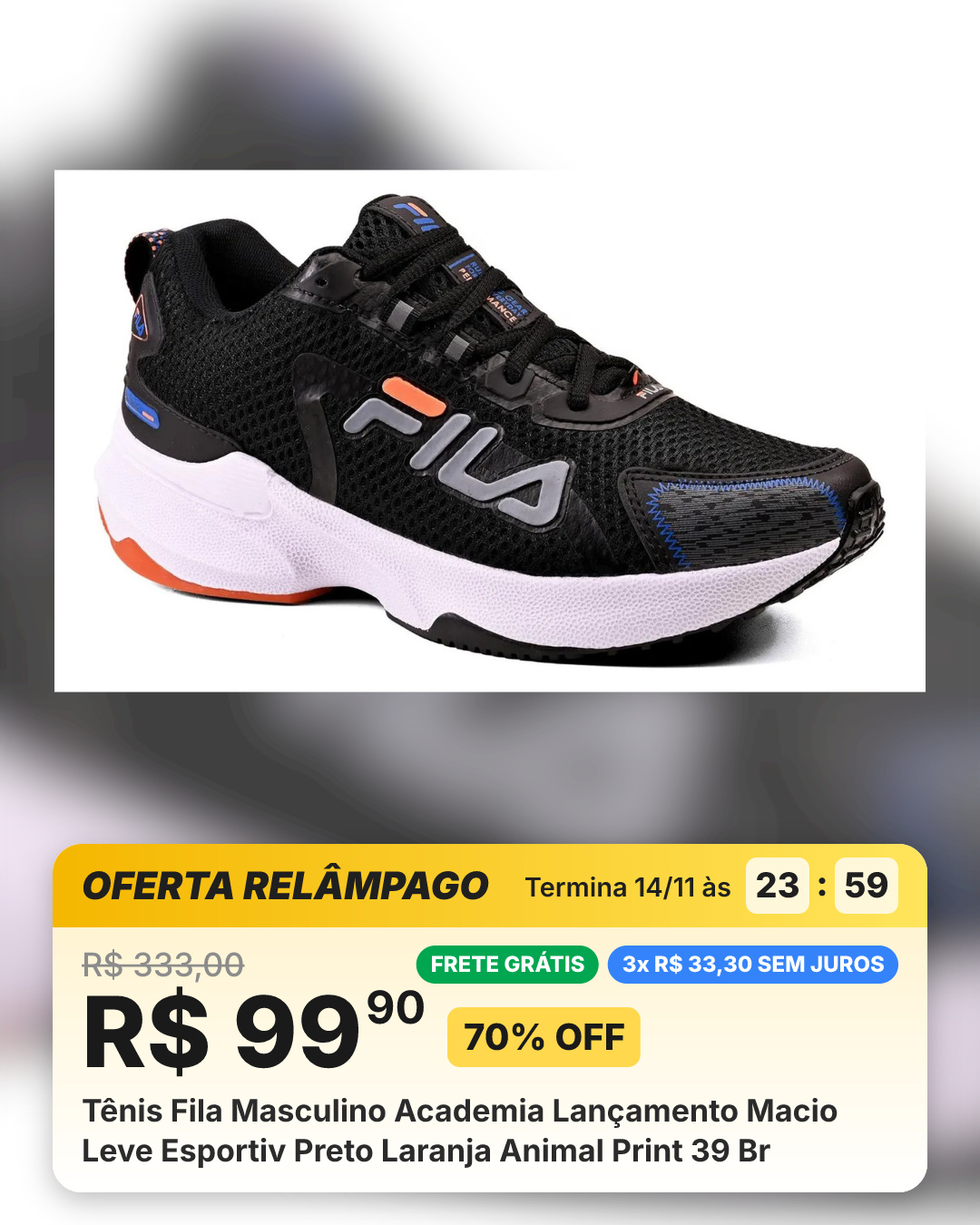 Tênis Fila Masculino Academia Lançamento Macio Leve Esportiv Preto Laranja Animal Print 39 Br