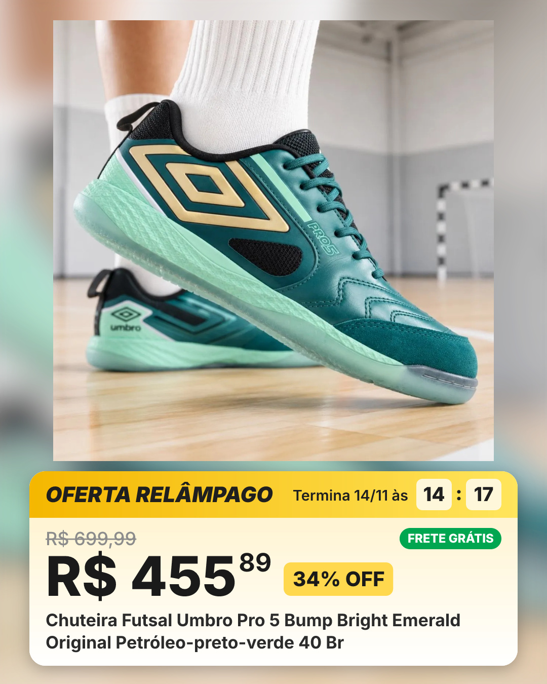 Chuteira Futsal Umbro Pro 5 Bump Bright Emerald Original Petróleo-preto-verde 40 Br