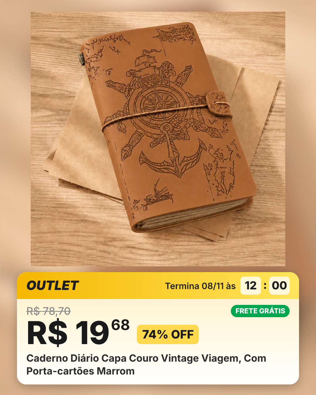 Caderno Diário Capa Couro Vintage Viagem, Com Porta-cartões Marrom