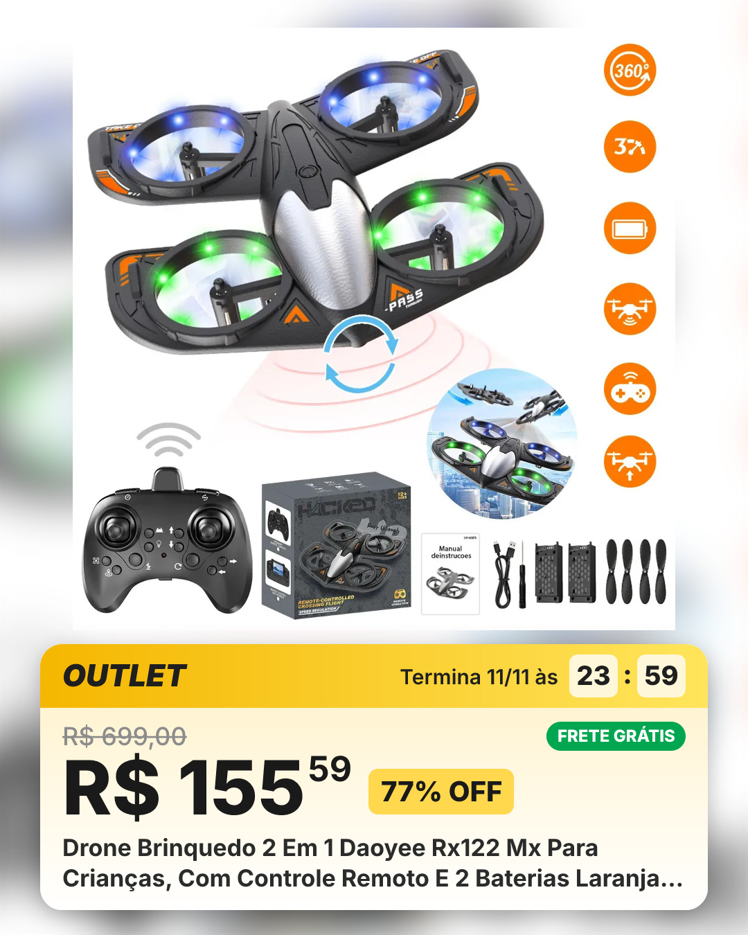 Drone Brinquedo 2 Em 1 Daoyee Rx122 Mx Para Crianças, Com Controle Remoto E 2 Baterias Laranja Laranja-claro