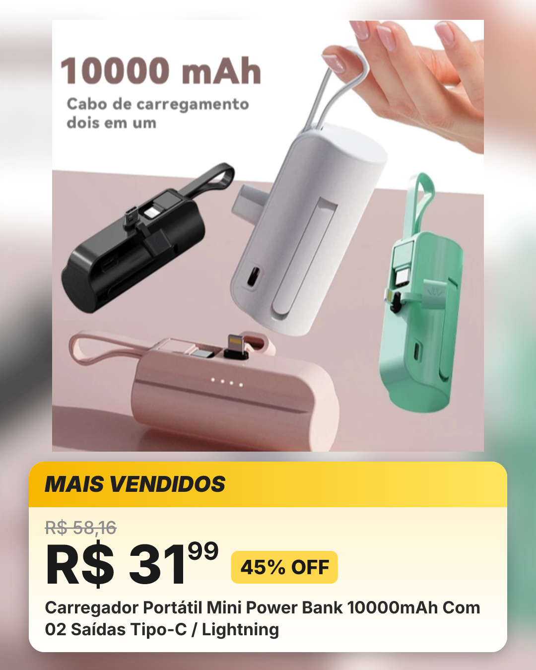Carregador Portátil Mini Power Bank 10000mAh Com 02 Saídas Tipo-C / Lightning