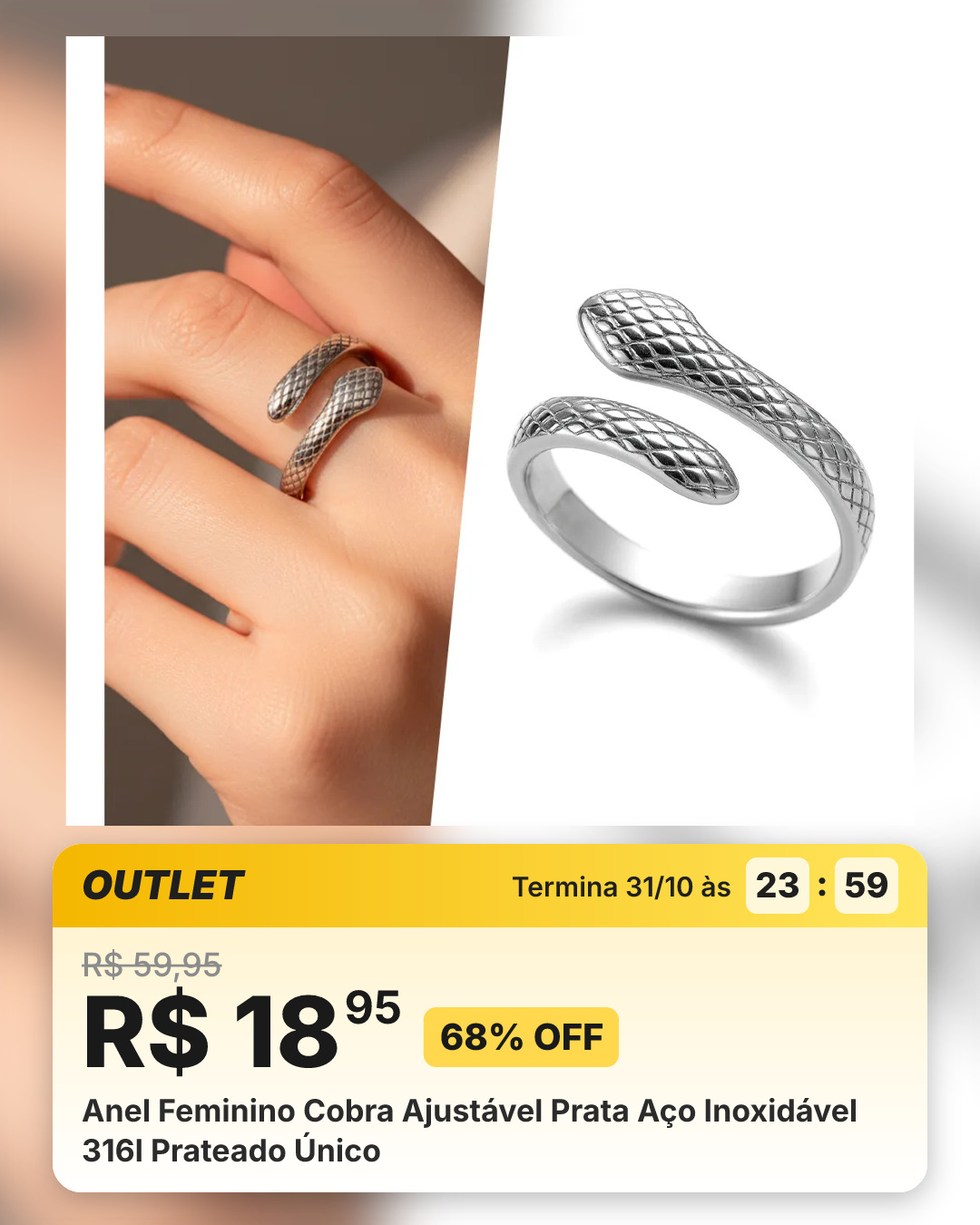 Anel Feminino Cobra Ajustável Prata Aço Inoxidável 316l Prateado Único