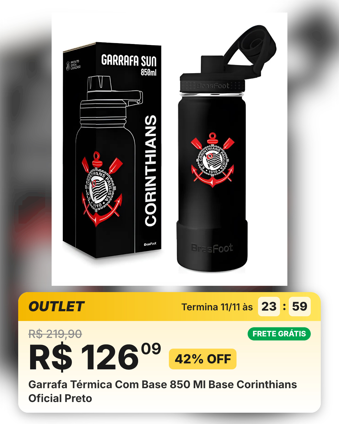 Garrafa Térmica Com Base 850 Ml Base Corinthians Oficial Preto