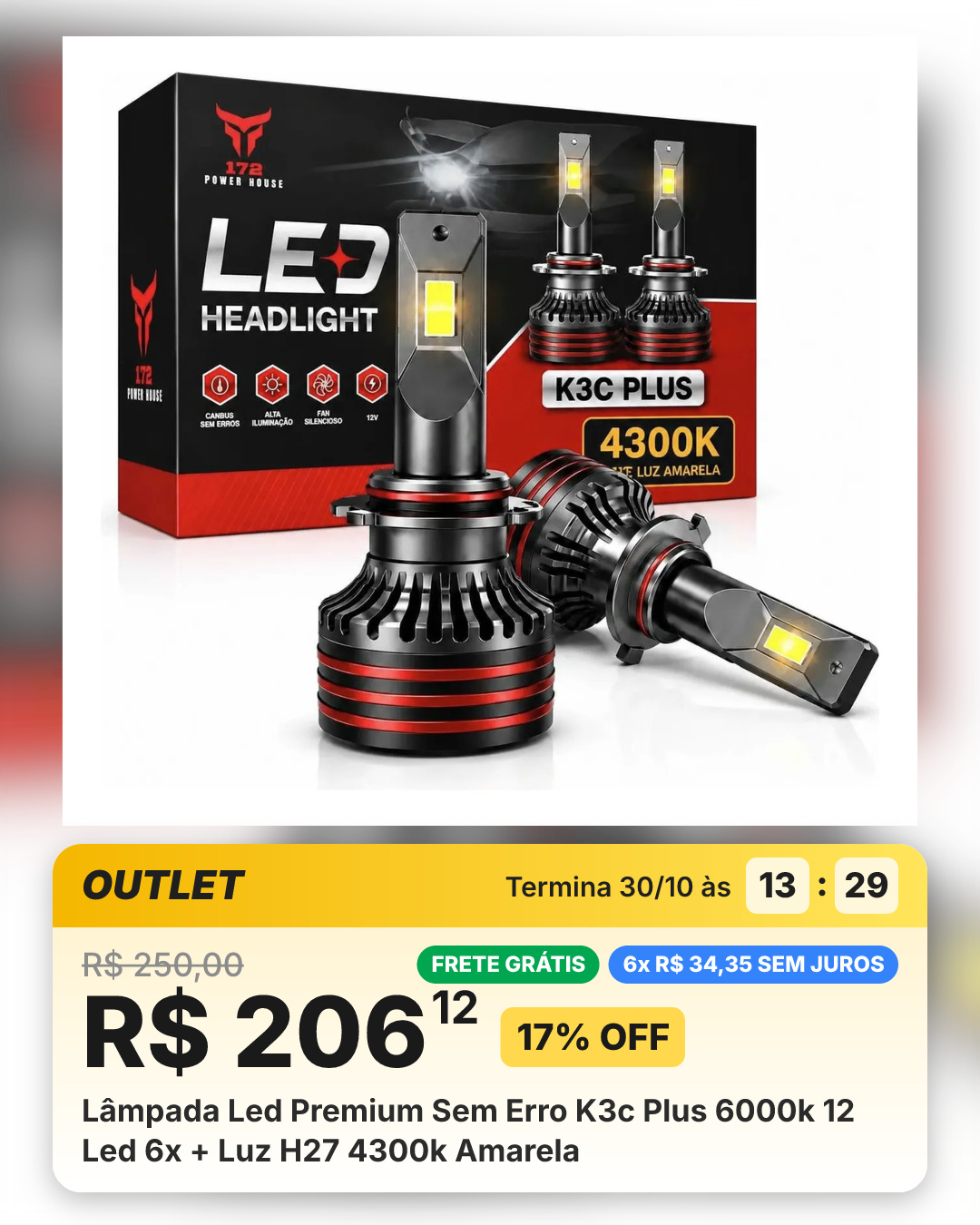 Lâmpada Led Premium Sem Erro K3c Plus 6000k 12 Led 6x + Luz H27 4300k Amarela