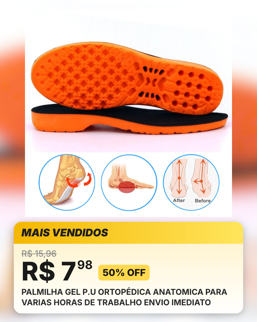 PALMILHA GEL P.U ORTOPÉDICA ANATOMICA PARA VARIAS HORAS DE TRABALHO ENVIO IMEDIATO