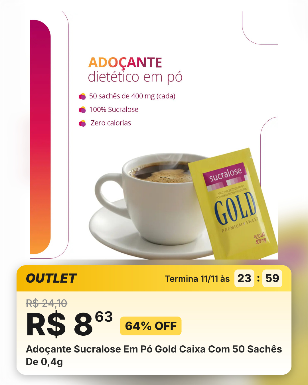 Adoçante Sucralose Em Pó Gold Caixa Com 50 Sachês De 0,4g