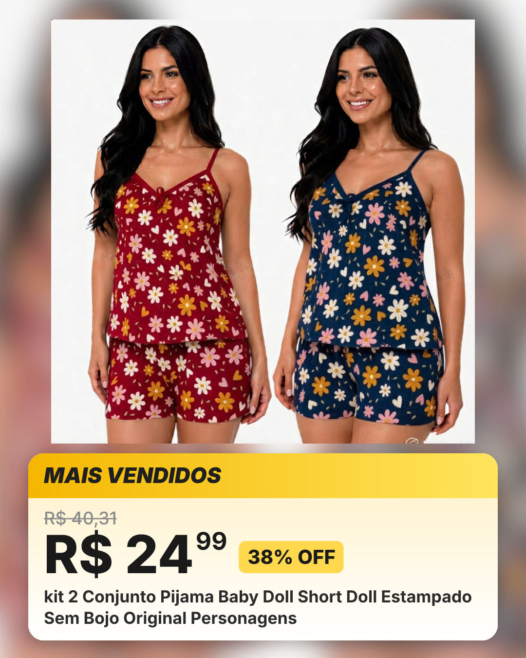 kit 2 Conjunto Pijama Baby Doll Short Doll Estampado Sem Bojo Original Personagens