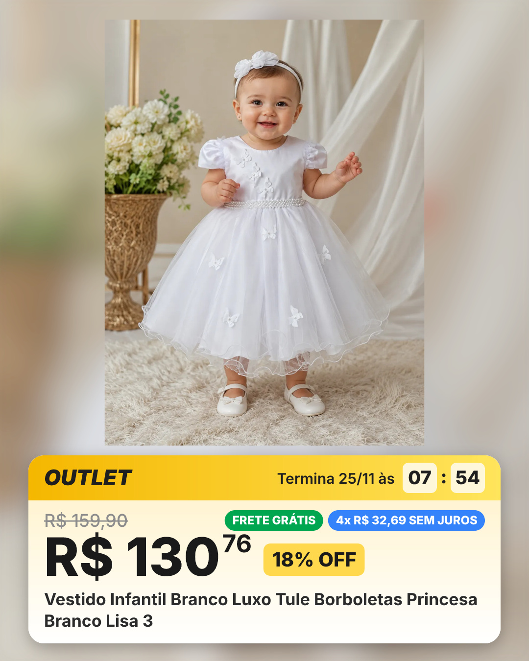Vestido Infantil Branco Luxo Tule Borboletas Princesa Branco Lisa 3