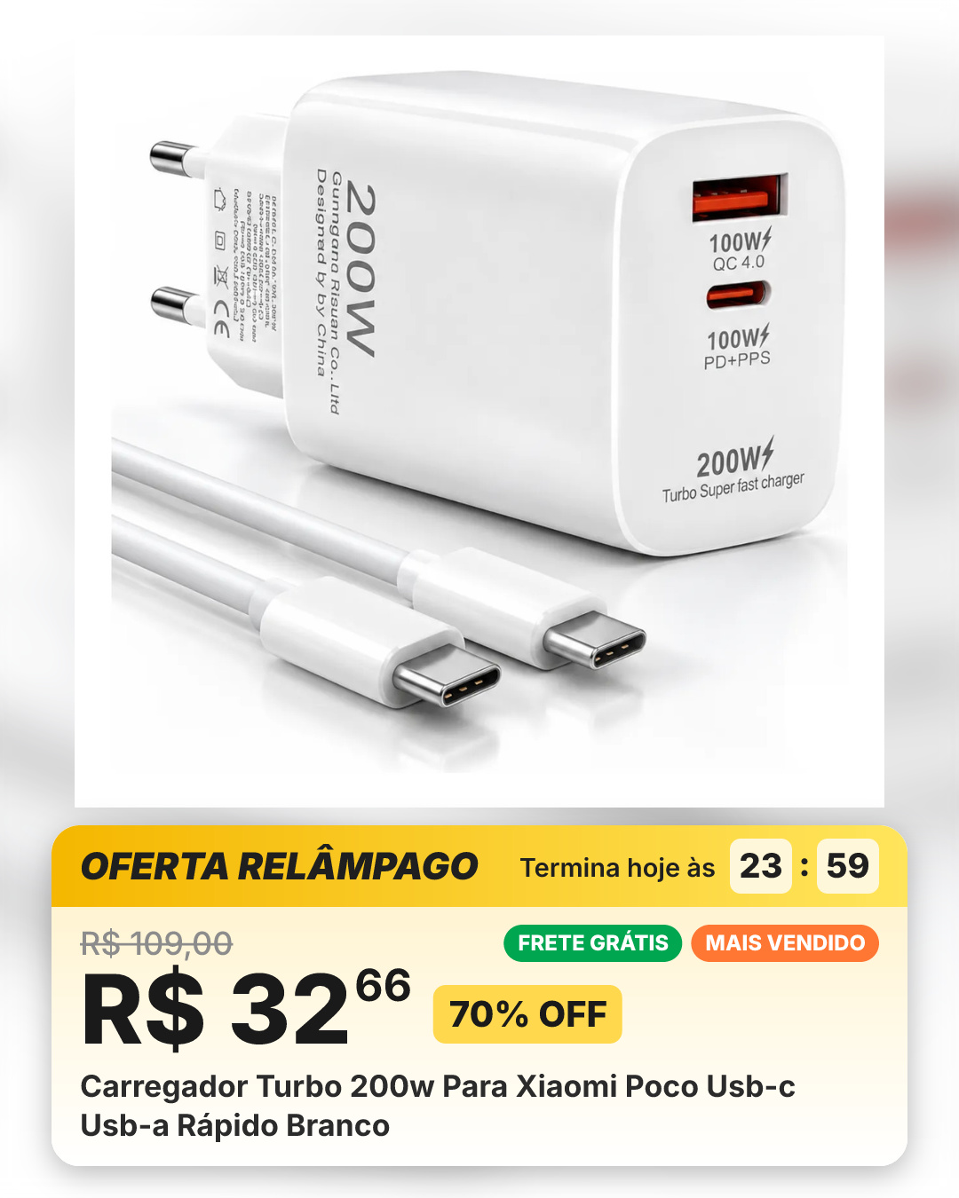 Carregador Turbo 200w Para Xiaomi Poco Usb-c Usb-a Rápido Branco