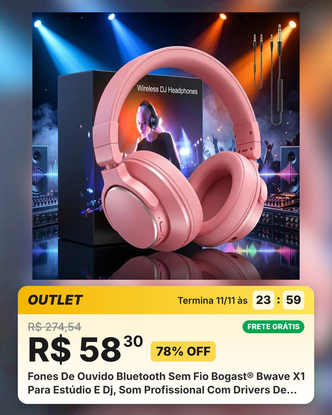 Fones De Ouvido Bluetooth Sem Fio Bogast® Bwave X1 Para Estúdio E Dj, Som Profissional Com Drivers De 50 Mm, Cabo De 3,5 Mm/6,35 Mm, Reprodução Em 100 H, Gravação, Podcast E Estúdio, Rosa