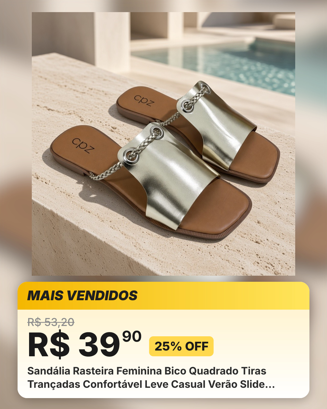 Sandália Rasteira Feminina Bico Quadrado Tiras Trançadas Confortável Leve Casual Verão Slide Elegante Tendência Moda Dia
