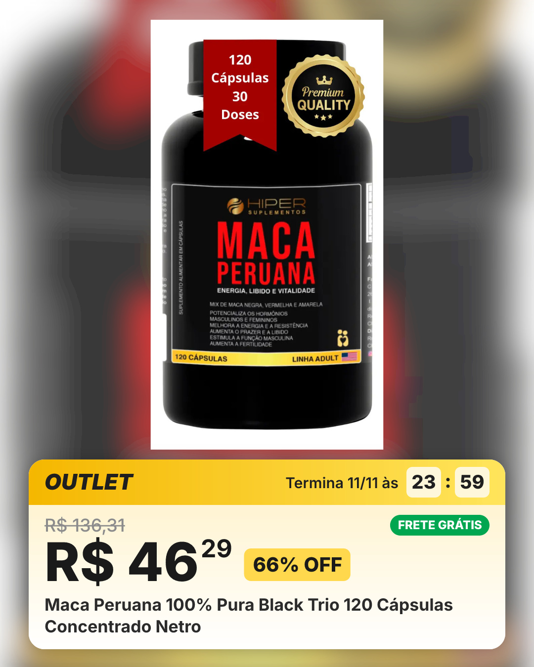 Maca Peruana 100% Pura Black Trio 120 Cápsulas Concentrado Netro