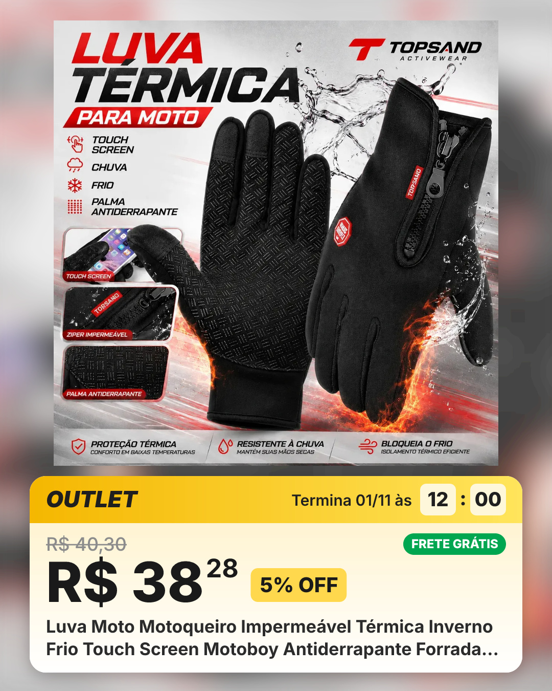 Luva Moto Motoqueiro Impermeável Térmica Inverno Frio Touch Screen Motoboy Antiderrapante Forrada Ciclismo Bike Corta Vento Chuva Unissex Masculina Feminina Com Zíper - Topsand Activewear Preto Único
