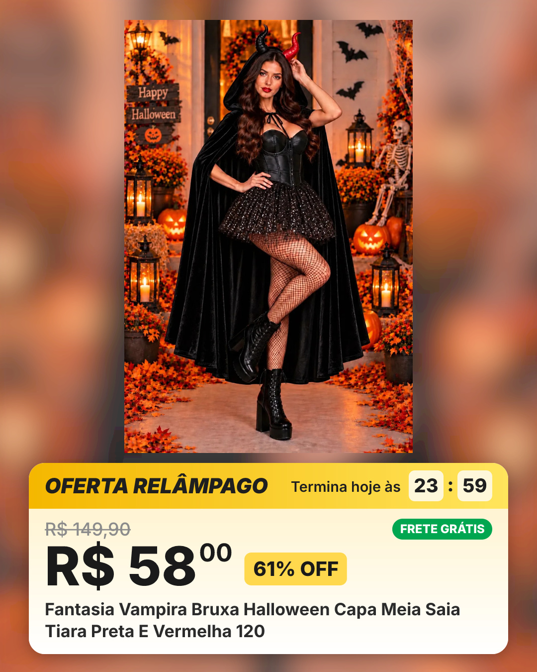 Fantasia Vampira Bruxa Halloween Capa Meia Saia Tiara Preta E Vermelha 120